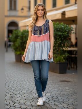 Haptics Multicolor Sleeveless Patchwork Camisole - Coral & Light Blue